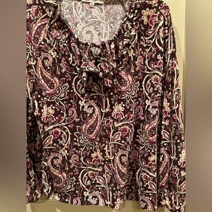 Jones, New York, paisley,print with fall colors, ruffle detail at the collar